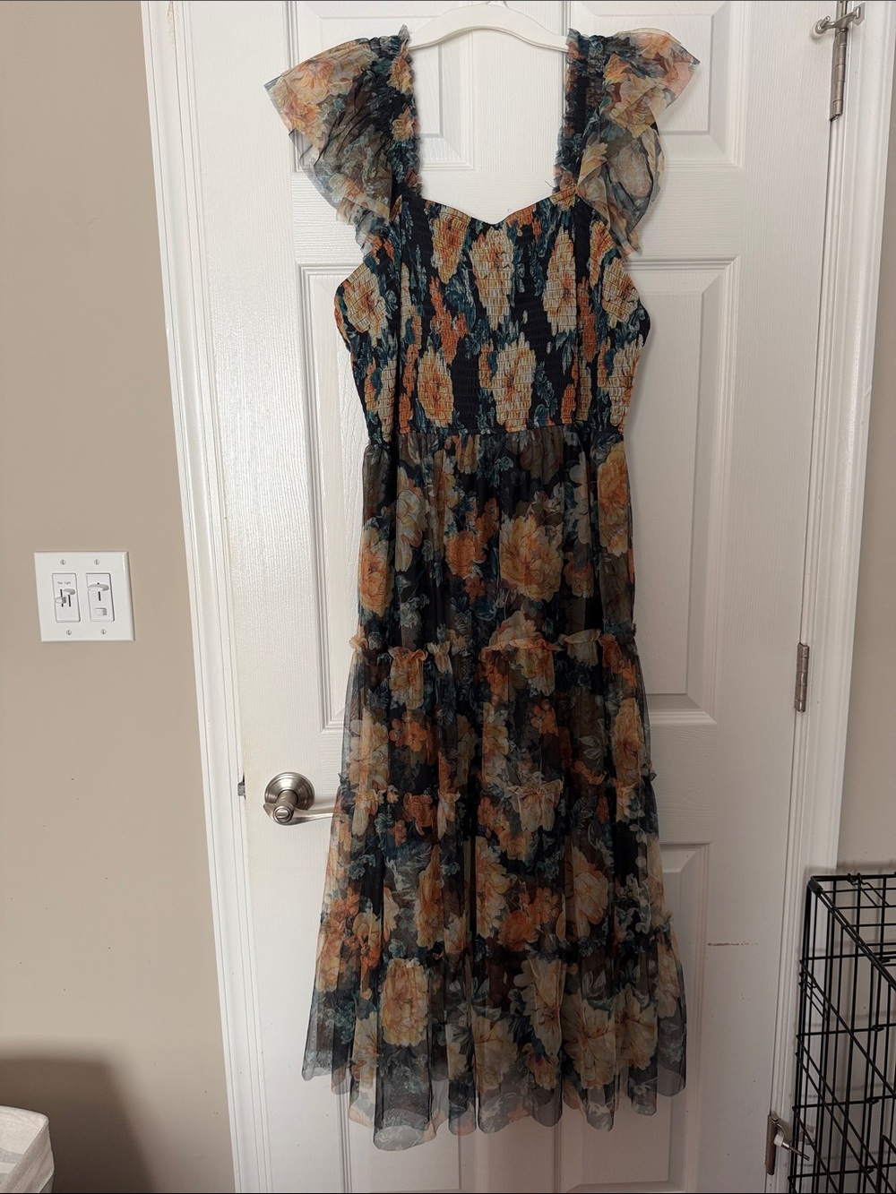 Smocked Floral Midi Dress with Ruffle Straps in Black and Mustard